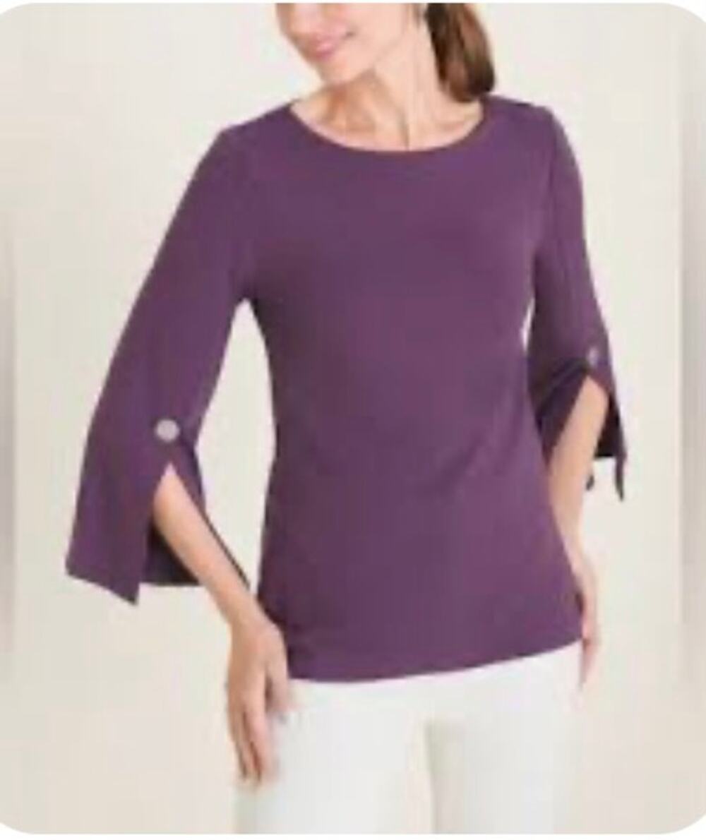 NEW Chico's Knit Blouse Top Split Sleeve 3/4 Sleeve Boatneck Purple Chico 1 US M